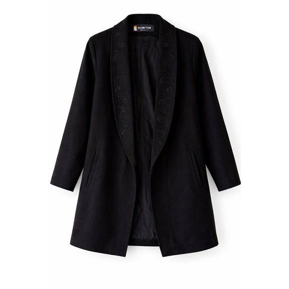 Komitor Jackets & Blazers - Komitor Womens Black Wool Coat Embroidered Lapel Open Front Vintage USA